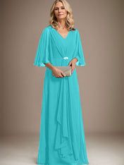 A-line V-Neck Floor-Length Chiffon Mother of the Bride Dress With Cascading Ruffles Crystal Brooch