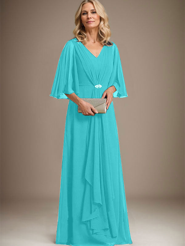 A-line V-Neck Floor-Length Chiffon Mother of the Bride Dress With Cascading Ruffles Crystal Brooch