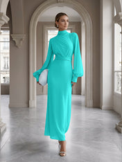 Ice Blue High-Neck Bishop Sleeve Gown Foraml Evening Dress