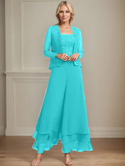 Separates Jumpsuit/Pantsuit Square Ankle-Length Lace Chiffon Mother of the Bride Dress With Sequins