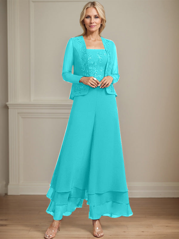 Robe de mère de la mariée en mousseline de soie, longueur cheville, avec sequins, combinaison/tailleur carré 