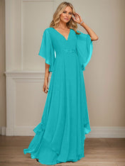 A-line V-Neck Floor-Length Chiffon Mother of the Bride Dress With Sequins Appliques Lace Beading