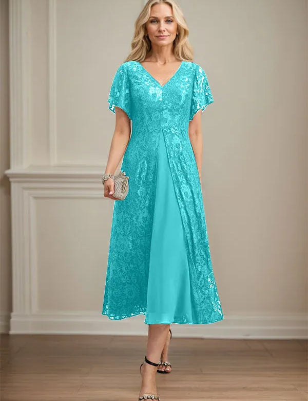 A-line V-Neck Tea-Length Lace Chiffon Mother of the Bride Dress