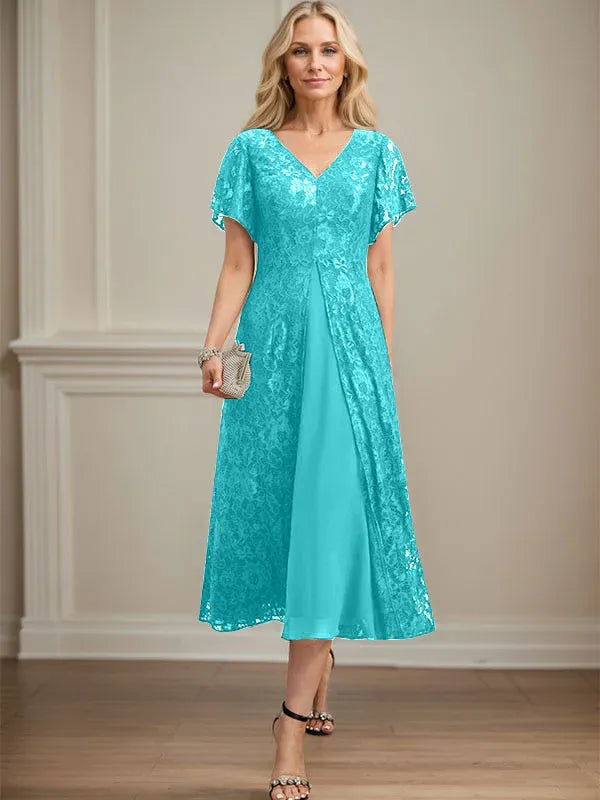 Robe de mère de la mariée en mousseline de soie, coupe trapèze, col en V et longueur thé 