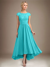 A-line Scoop Illusion Asymmetrical Lace Chiffon Mother of the Bride Dress With Pleated