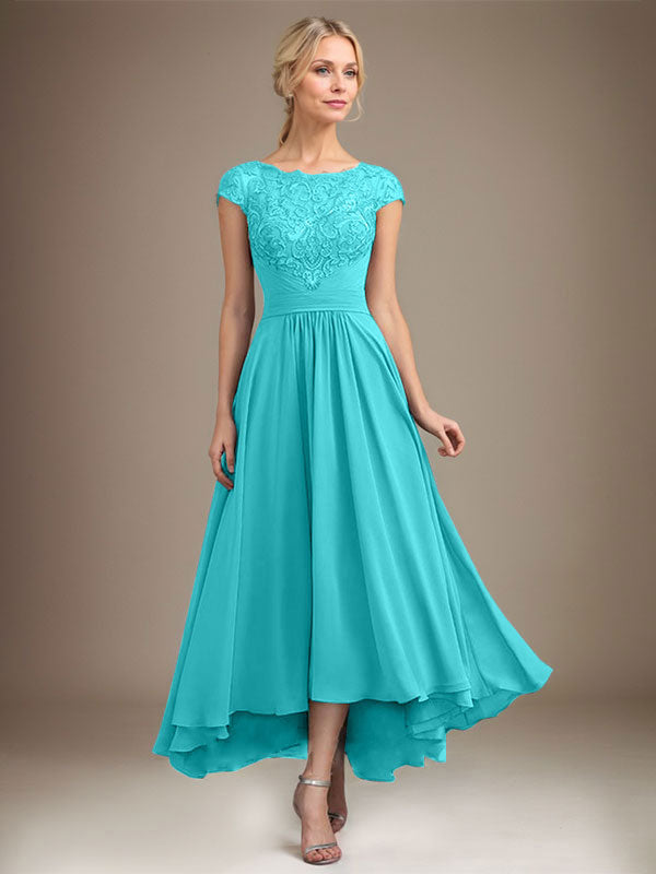 A-line Scoop Illusion Asymmetrical Lace Chiffon Mother of the Bride Dress With Pleated