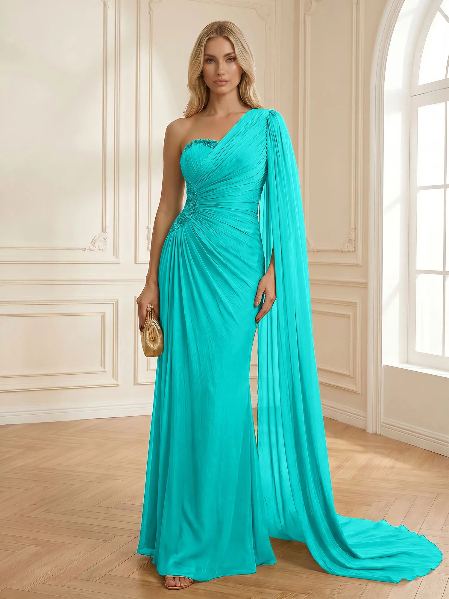Sage Green One Shoulder Beaded Evening Gown with Cape Sleeve