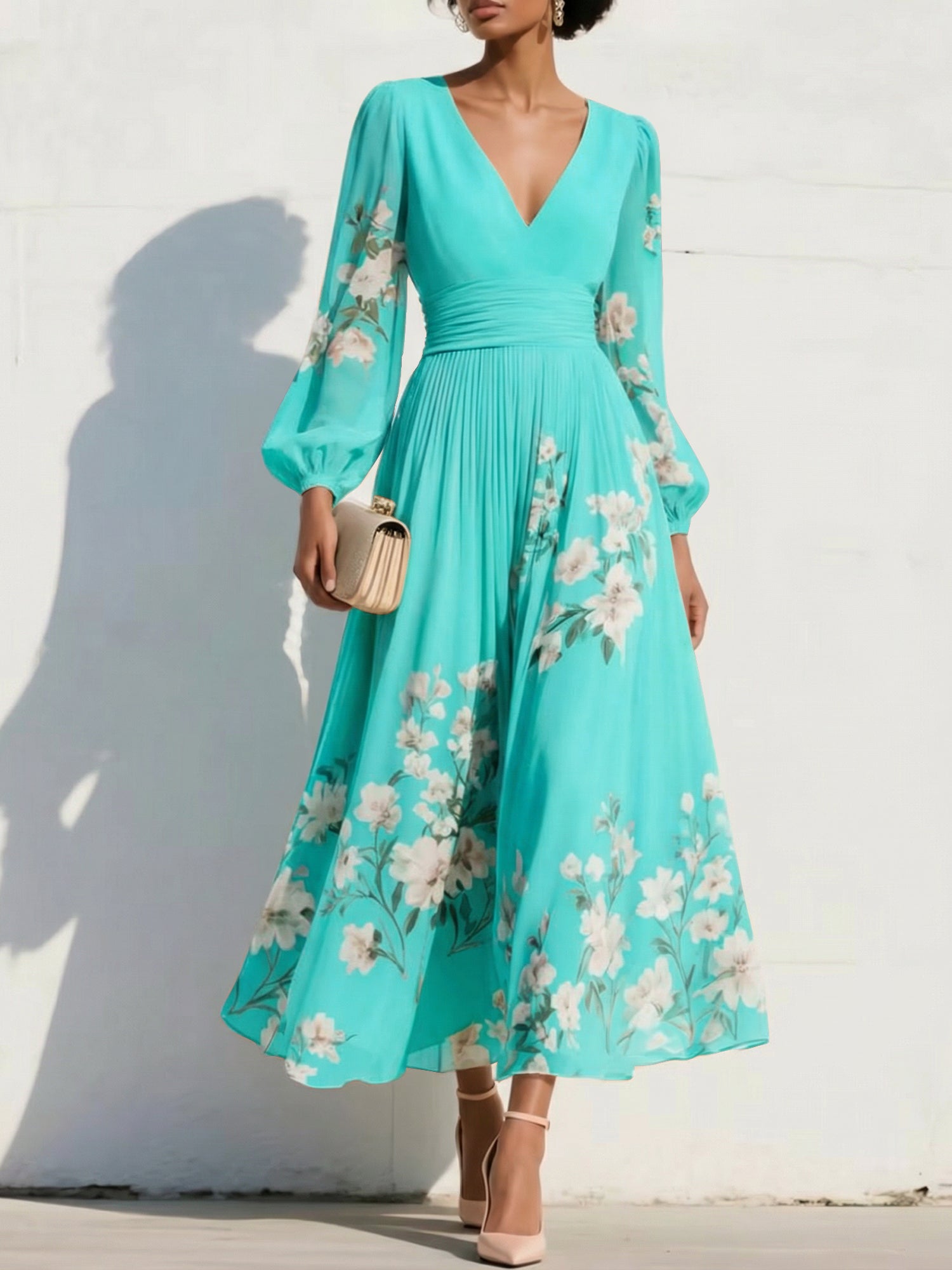 Elegant Floral V-Neck Pleated Midi Dress with Long Sleeves