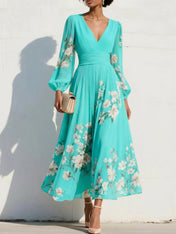 Elegant Floral V-Neck Pleated Midi Dress with Long Sleeves