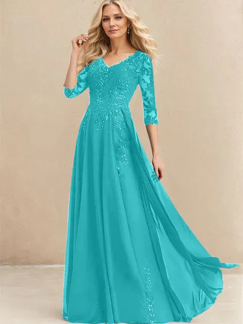 A-line V-Neck Floor-Length Lace Chiffon Mother of the Bride Dress With Sequins
