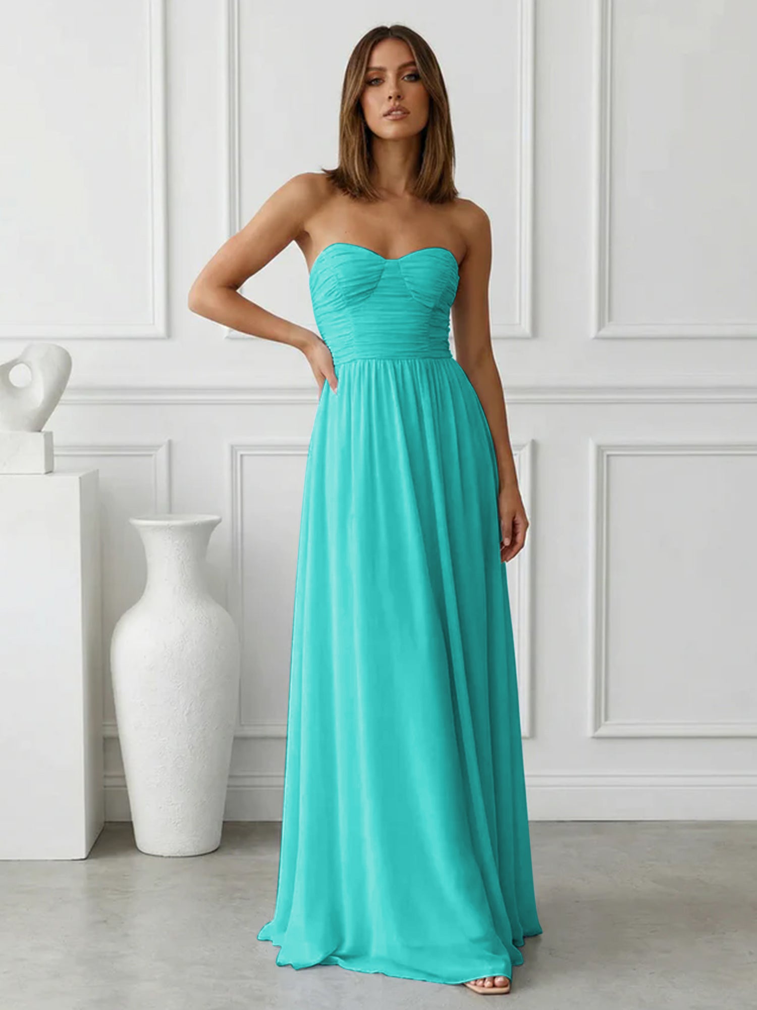 Light Blue Sweetheart Chiffon A Line Maxi Dress with Pleat