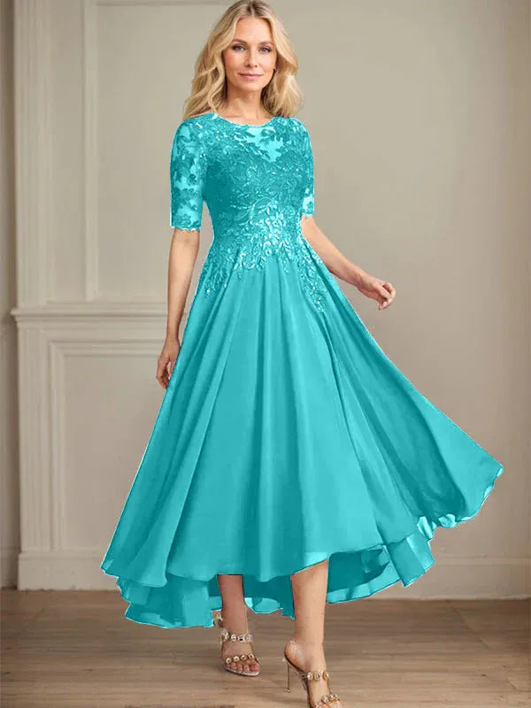 Robe de mère de la mariée asymétrique en mousseline de soie et dentelle, coupe trapèze, décolleté en V, illusion, avec paillettes 