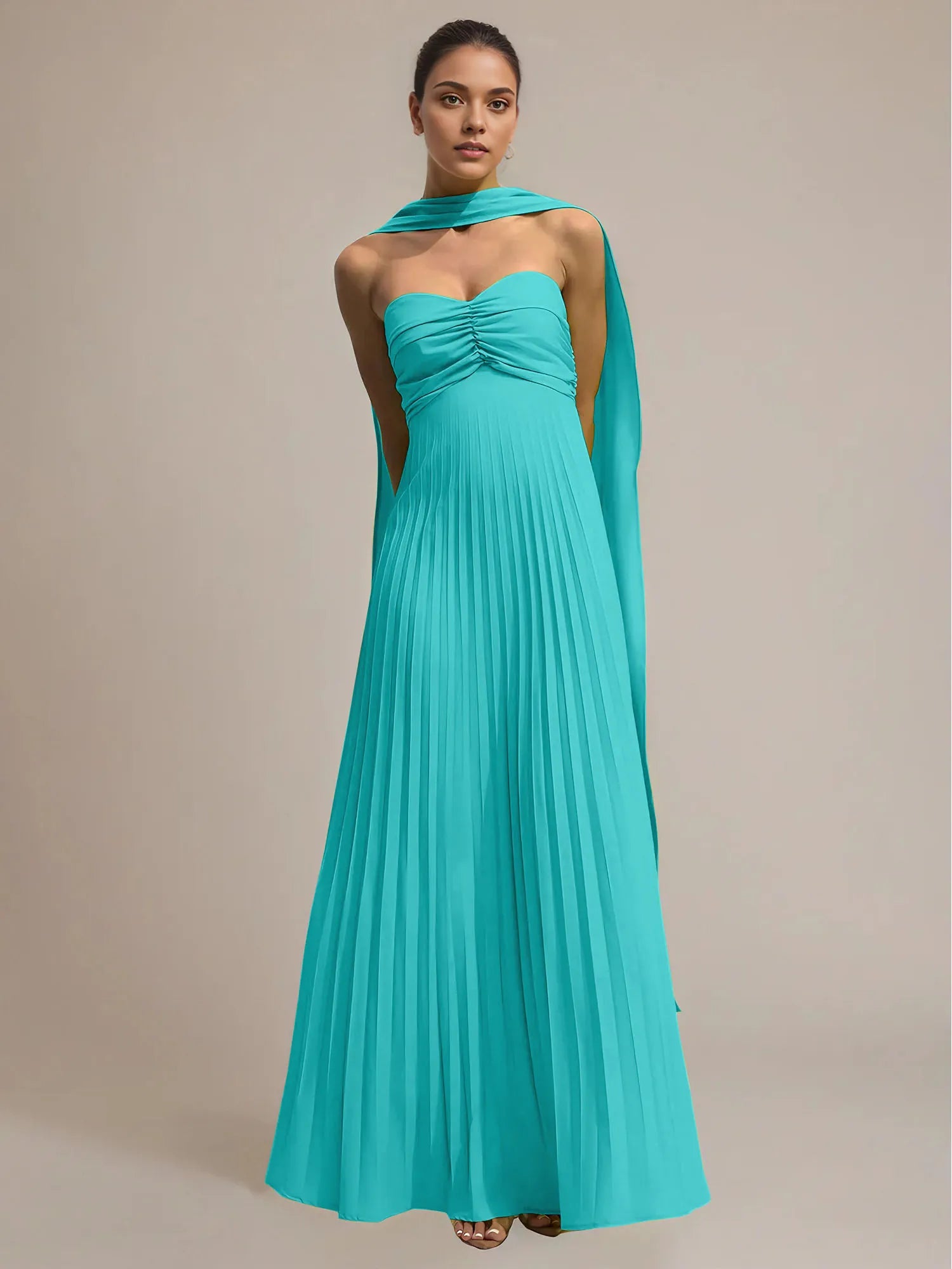 Green Chiffon A Line Off The Shoulder Sleeveless Floor Length Pleated Dress