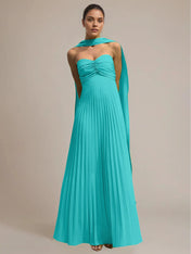 Green Chiffon A Line Off The Shoulder Sleeveless Floor Length Pleated Dress