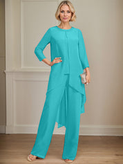 Separates Jumpsuit/Pantsuit Scoop Floor-Length Chiffon Mother of the Bride Dress With Sequins Beading