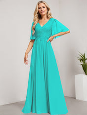 A-line V-Neck Floor-Length Lace Chiffon Mother of the Bride Dress With Sequins
