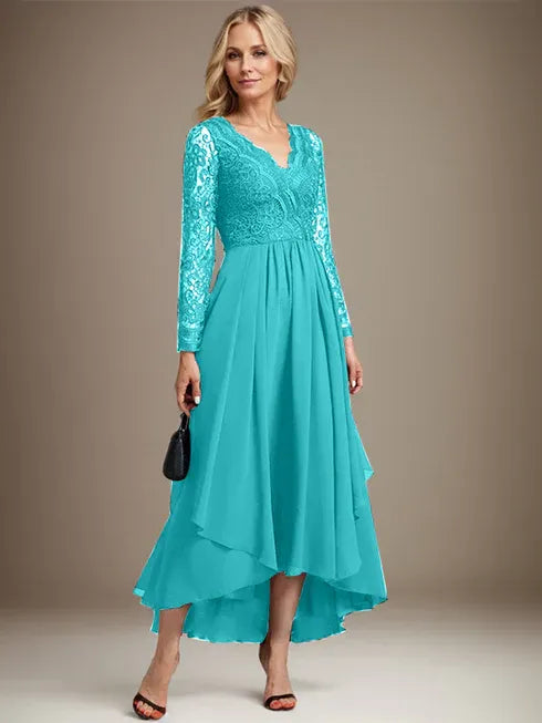 A-line V-Neck Asymmetrical Lace Chiffon Mother of the Bride Dress