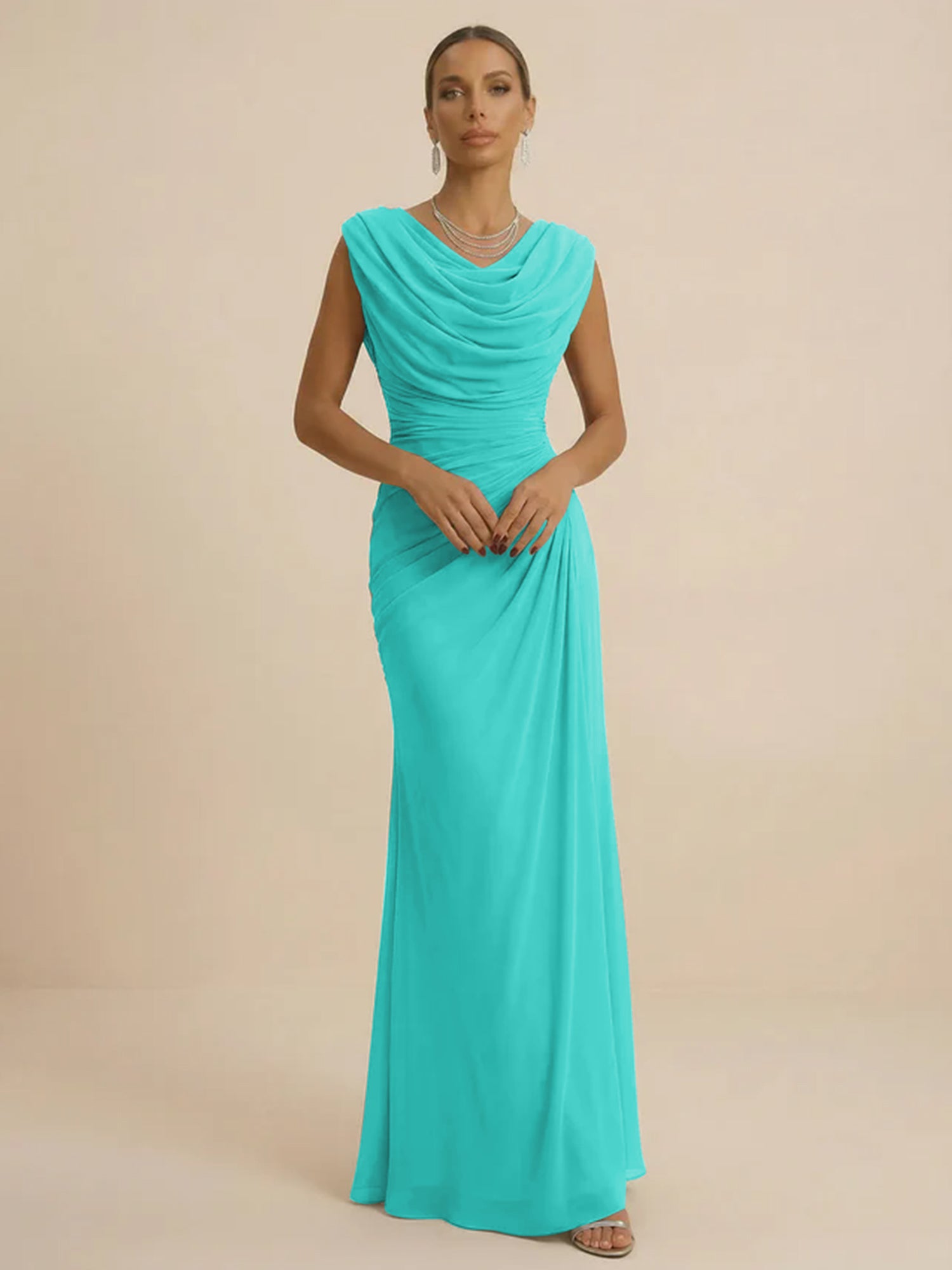 Dusty Grey Draped Cowl Neck Ruched Chiffon Evening Dresses