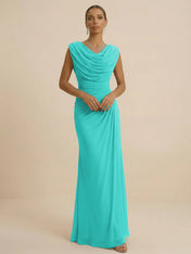 Dusty Grey Draped Cowl Neck Ruched Chiffon Evening Dresses