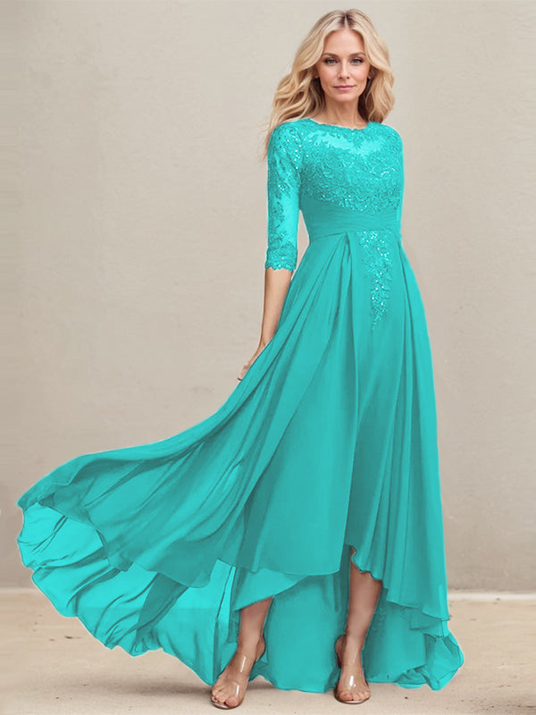 A-line Scoop Illusion Asymmetrical Lace Chiffon Mother of the Bride Dress With Pleated Sequins