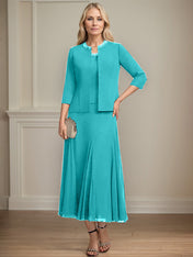 Separates A-line Scoop Tea-Length Chiffon Mother of the Bride Dress With Sequins Beading