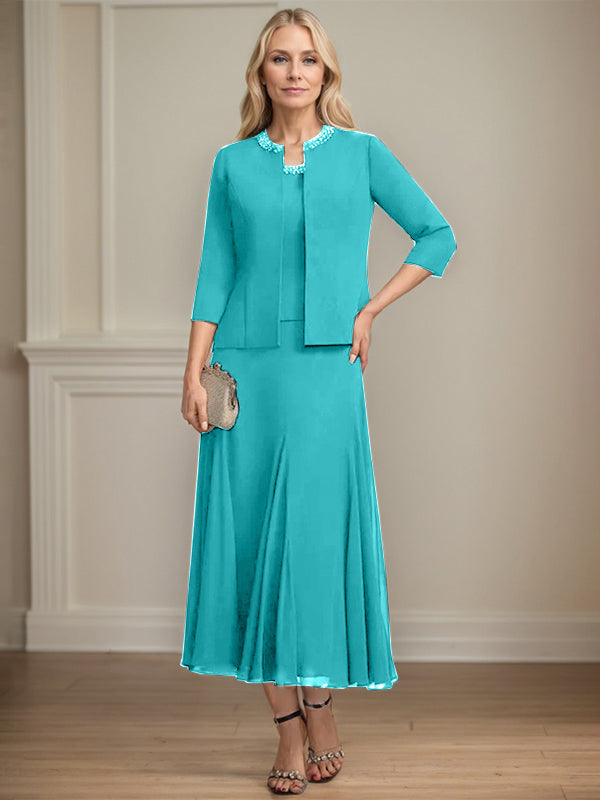 Separates A-line Scoop Tea-Length Chiffon Mother of the Bride Dress With Sequins Beading