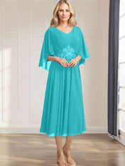 A-line V-Neck Tea-Length Chiffon Mother of the Bride Dress With Pleated Sequins Appliques Lace Beadind