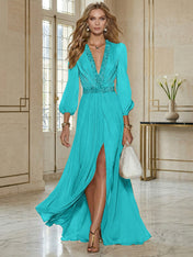 Elegant Beige Chiffon V-neck With Rhinestone Embellishments And A Side Slit Maxi Dress