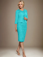 Sheath/Column Scoop Knee-Length Chiffon Lace Mother of the Bride Dress With Beading