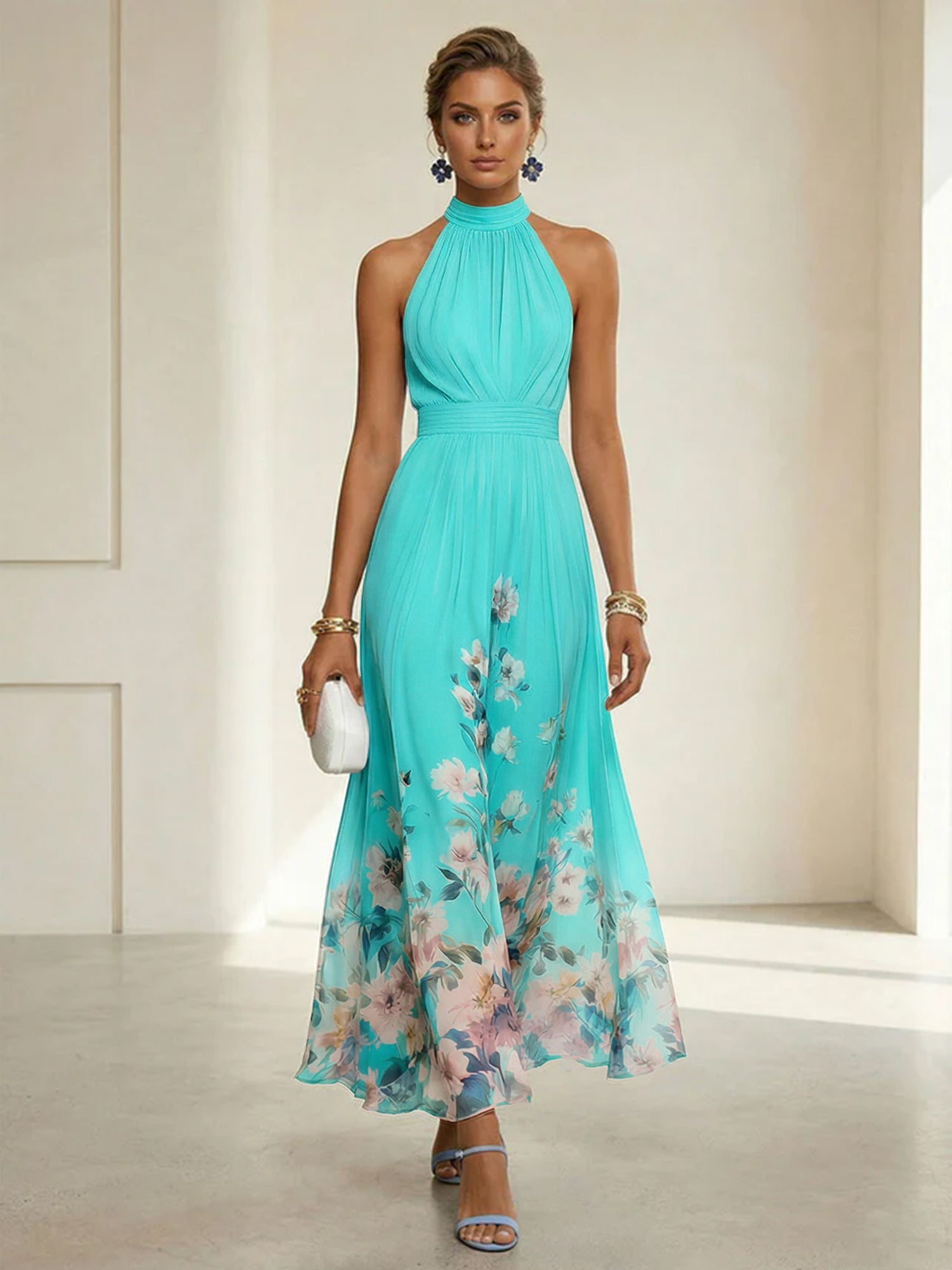 Light Blue Floral Chiffon Halter Sleeveless A-Line Maxi Dress Gown