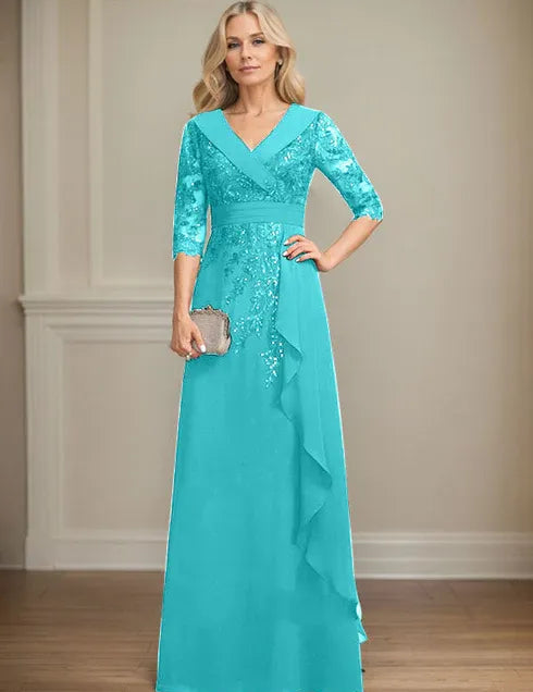 Robe de mère de la mariée trapèze, col en V, longueur au sol, en mousseline de soie et dentelle, avec volants en cascade et paillettes 