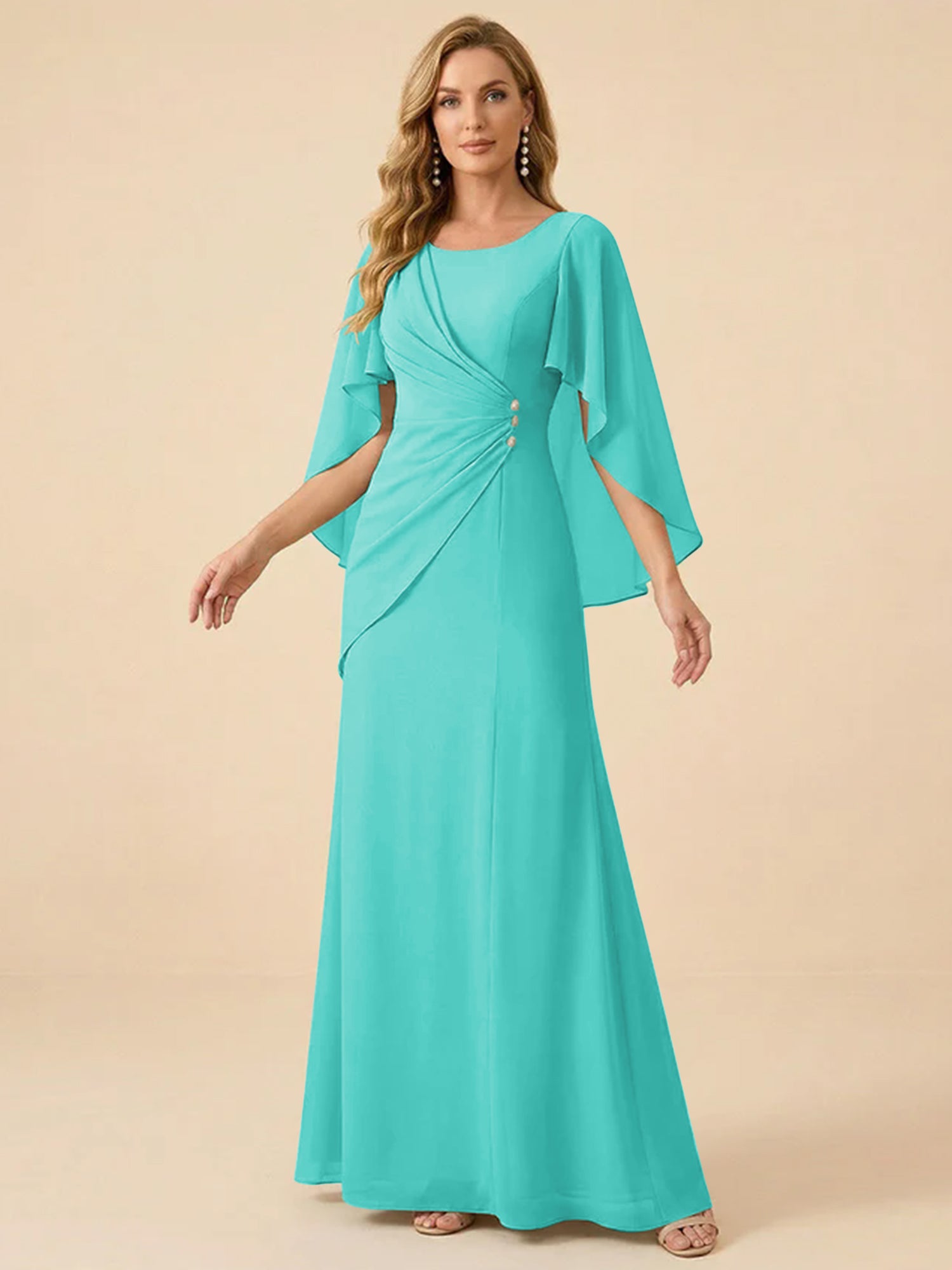 Sage Green Chiffon Beaded Mother of the Bride Dress with Cape Sleeves