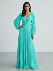 Slate Blue Plunging V-Neck Pleated Long Sleeve Maxi Dress Gown