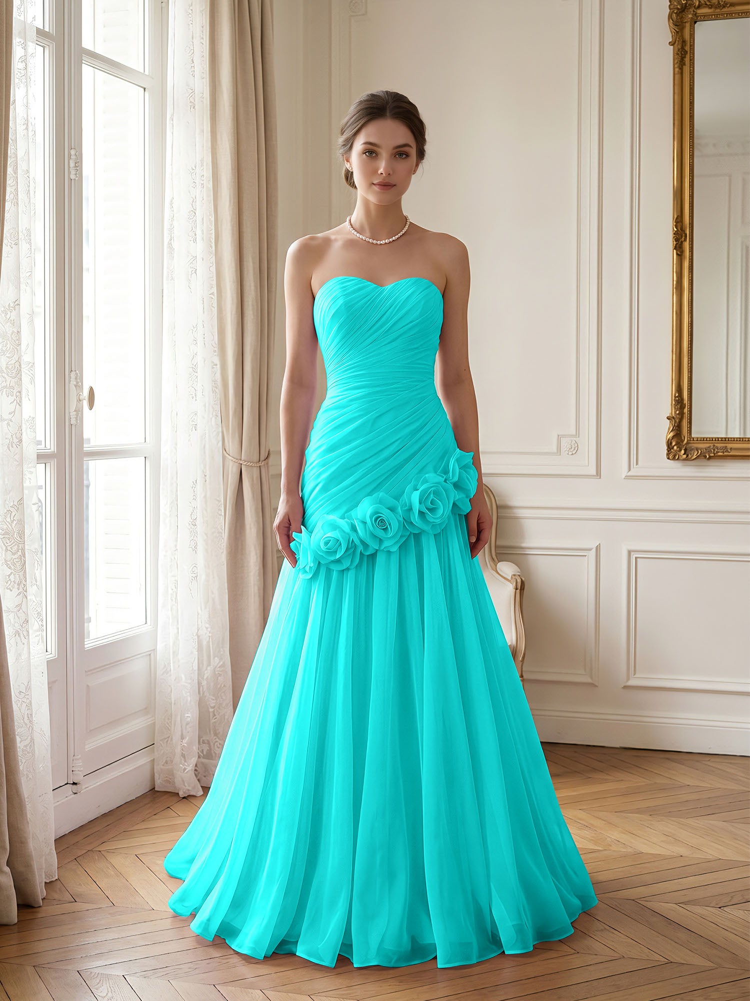 Lilac 3D Rosette Strapless Chiffon Evening Formal Gown Wedding Guest Dress