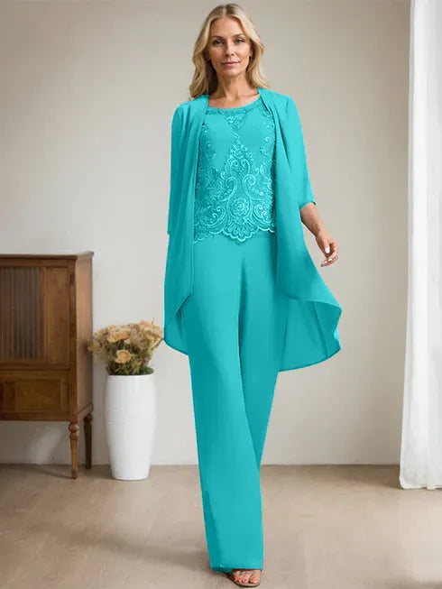 Pantsuit Scoop Floor-Length Chiffon Lace Mother of the Bride Dress With Beading Sequins