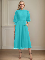 A-line High Neck Tea-Length Lace Chiffon Mother of the Bride Dress With Bow