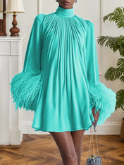 Blue Feather Ruched Chiffon Mock Neck Long Sleeve A-Line Mini Dress