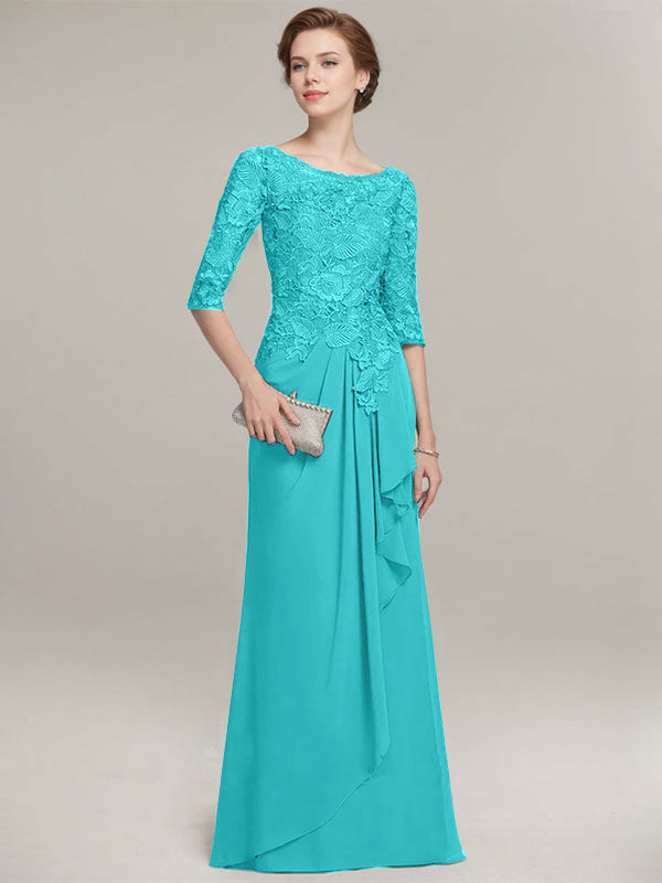 A-line Scoop Illusion Floor-Length Lace Chiffon Mother of the Bride Dress With Cascading Ruffles