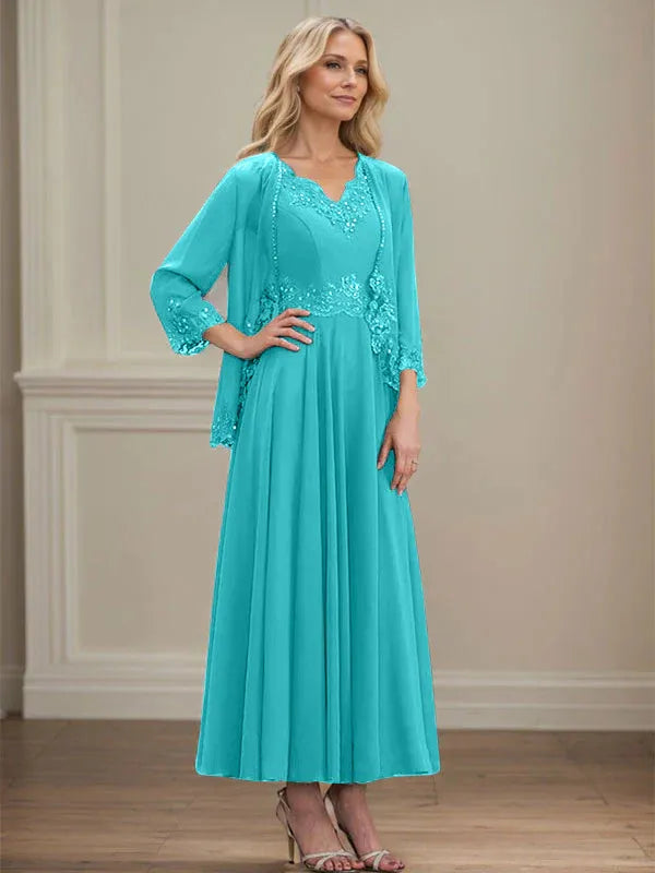 A-line V-Neck Ankle-Length Chiffon Mother of the Bride Dress With Sequins Appliques Lace Beading