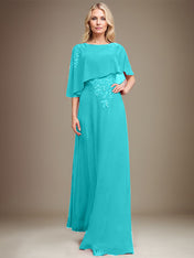 A-line Scoop Floor-Length Chiffon Lace Mother of the Bride Dress With Sequins Beading