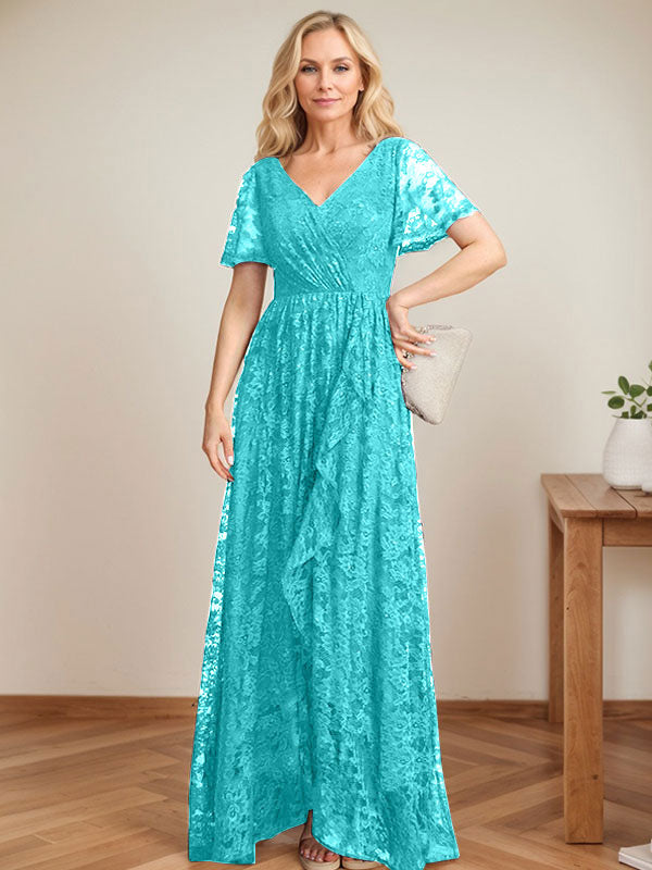 A-Line V-Neck Asymmetrical Lace Mother of the Bride Dress With Cascading Ruffles