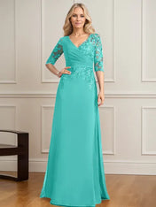 A-line V-Neck Floor-Length Lace Chiffon Mother of the Bride Dress With Pleated Sequins