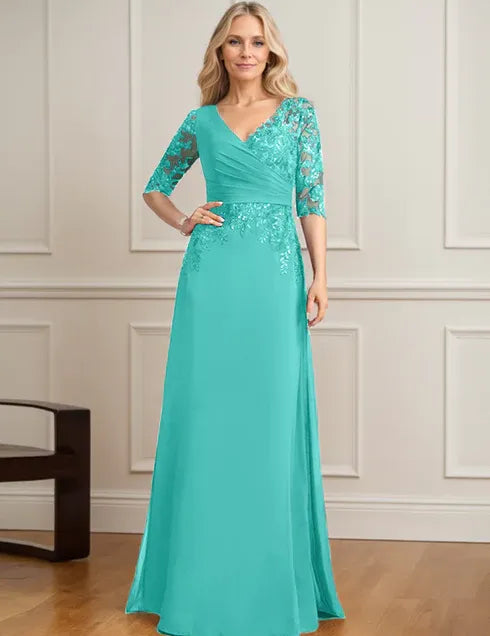 Robe de mère de la mariée trapèze, col en V, longueur au sol, en mousseline de soie et dentelle, avec sequins plissés 