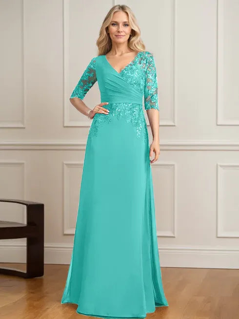 Robe de mère de la mariée trapèze, col en V, longueur au sol, en mousseline de soie et dentelle, avec sequins plissés 