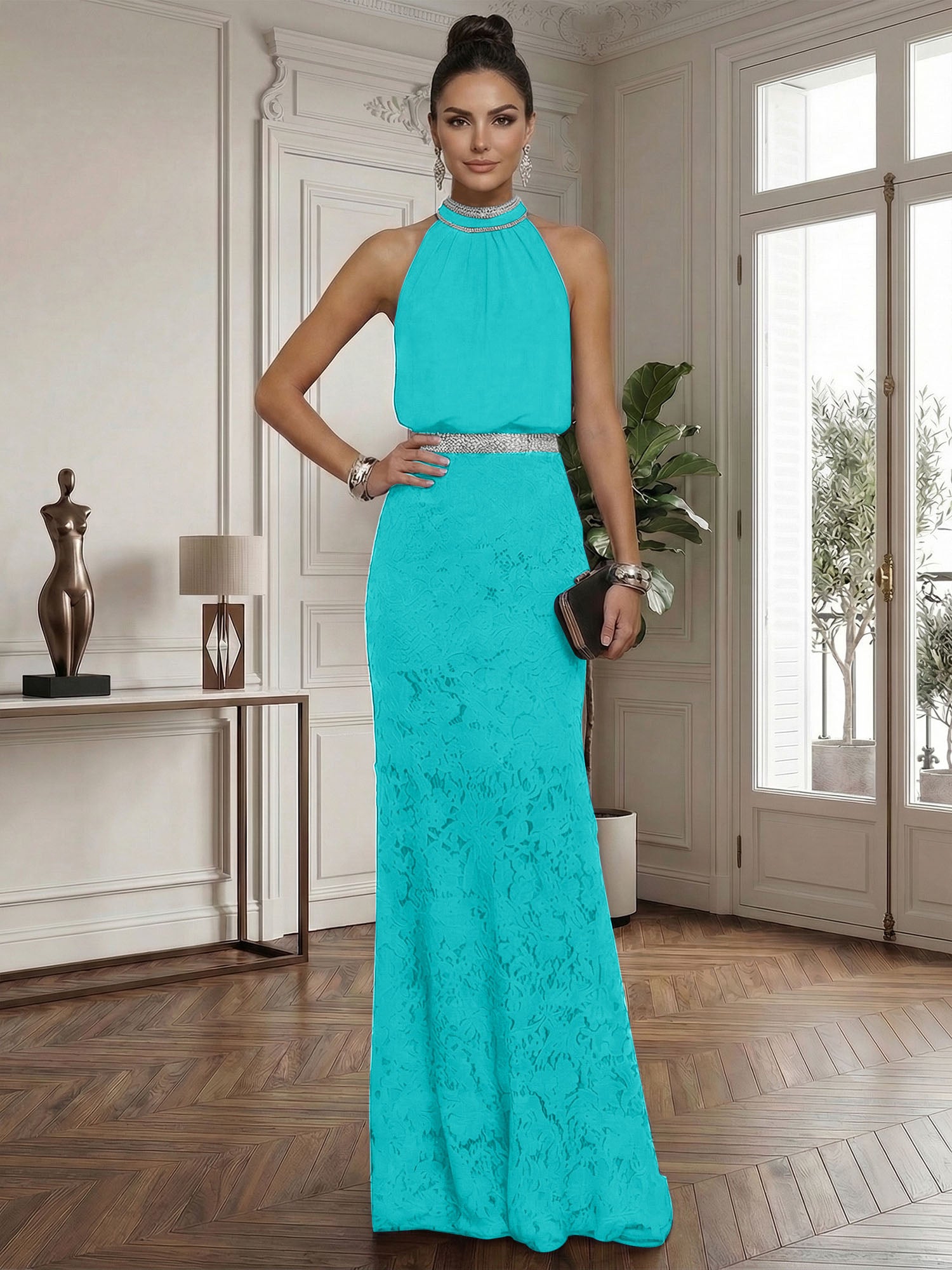 Purplish Rhinestone Ruched Lace Halter Sleeveless Mermaid Gown Dress