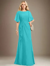 A-line Scoop Floor-Length Chiffon Mother of the Bride Dress With Cascading Ruffles Beading Sequins