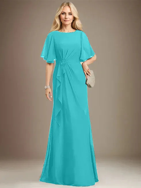 A-line Scoop Floor-Length Chiffon Mother of the Bride Dress With Cascading Ruffles Beading Sequins
