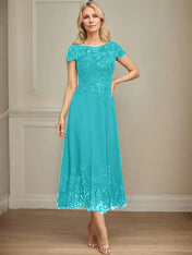 A-line Illusion Scoop Tea-Length Lace Chiffon Mother of the Bride Dress With Sequins