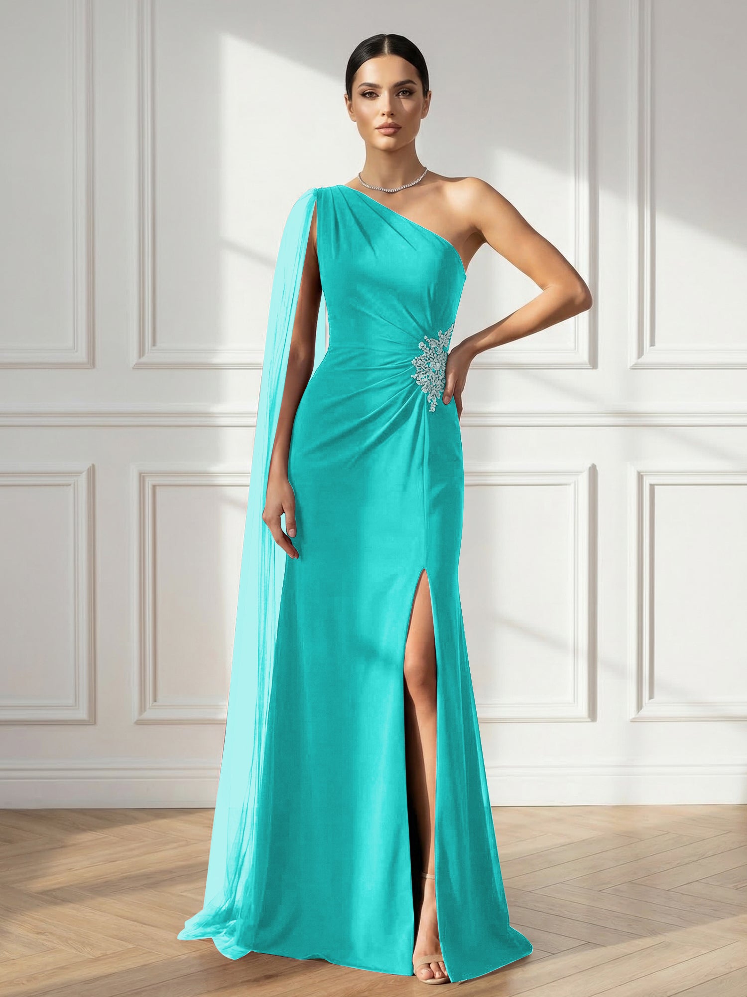 Formal Evening Dress Burgundy One Shoulder Slit Maxi Dress Gown