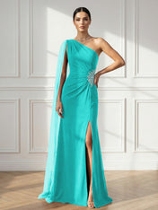 Formal Evening Dress Burgundy One Shoulder Slit Maxi Dress Gown